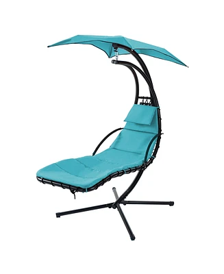 Simplie Fun Blue Hanging Chaise Lounge Swing with Canopy & Stand
