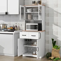 White Wooden Kitchen Pantry with Glass Door Storage