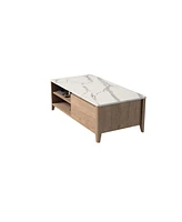 Streamdale Furniture Farmhouse Double Drawer Coffee Table, Tobacco Wood & White Marble