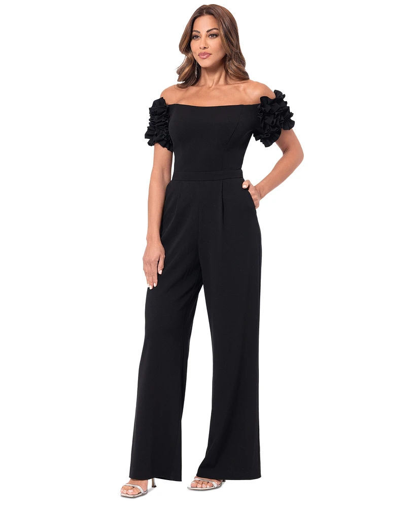 Xscape Women's Ruffled Off-The-Shoulder Straight-Leg Jumpsuit