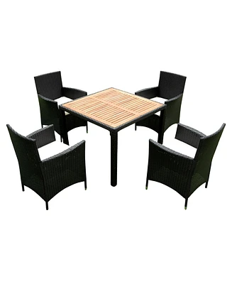 Simplie Fun 5-Piece Outdoor Wicker Dining Set with Acacia Wood Top