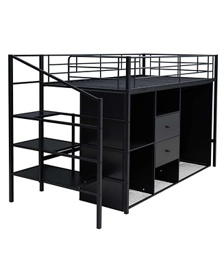 Simplie Fun Twin Size Metal Loft Bed With Drawers, Storage Staircase And Small Wardrobe