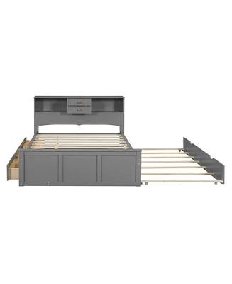 Simplie Fun Wood Platform Bed with Trundle, Drawers, Shelves, Usb & Sockets