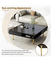 High gloss coffee table with golden legs and drawers, 2-tier center for living room