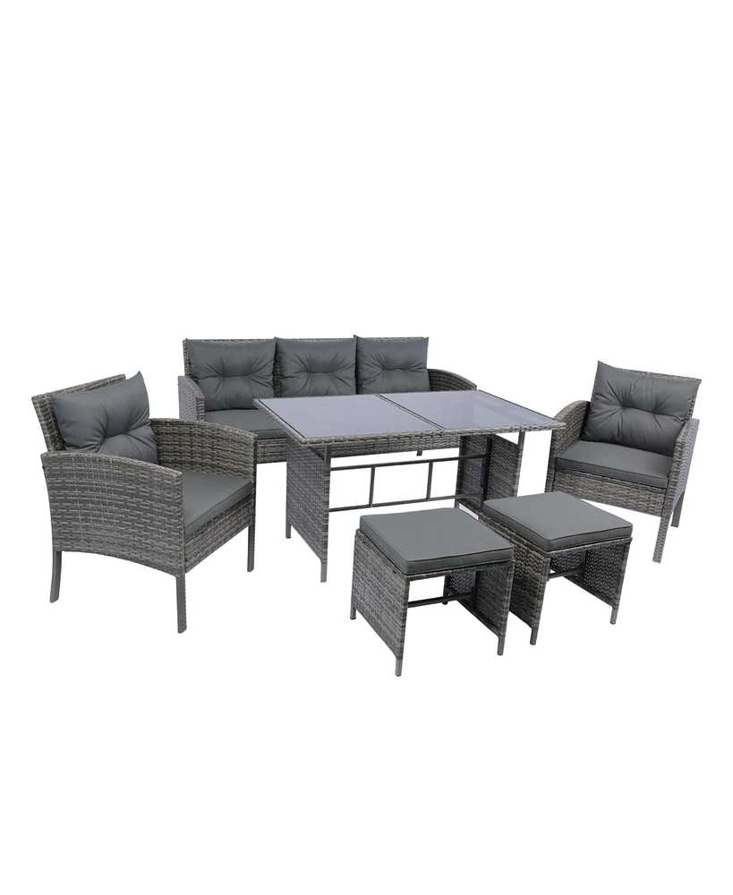 Simplie Fun 6 Piece Patio Wicker Sectional Set Patio Backyard Conversation Set Grey Wicker + Dark Grey Cushion