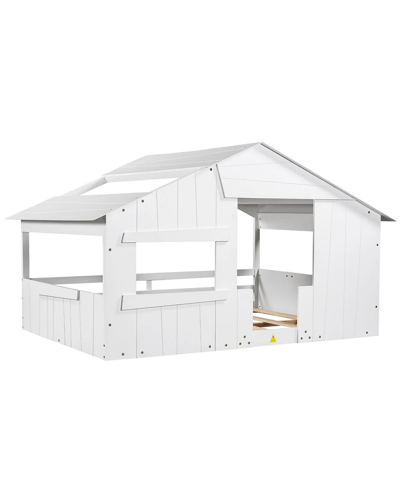 Simplie Fun Wood Full Size House Bed With Roof, Window And Guardrail, White