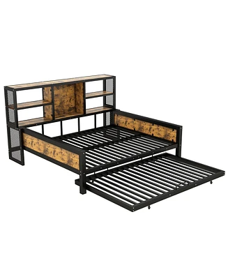 Simplie Fun Full Size Cabin Daybed With Storage Shelves And Trundle, Metal