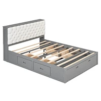 Wood Queen Platform Bed With Storage Headboard, Shoe Rack And 4 Drawers
