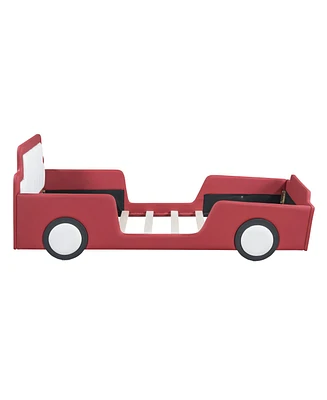 Simplie Fun Twin Size Race Car-Shaped Platform Bed With Wheels, Red