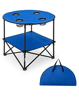 Gymax 2-Tier Foldable Camping Table with Carrying Bag 4 Cup Holders for Bbq Camping