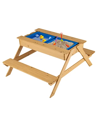 Gymax 3 in 1 Kids Picnic Table Wooden Outdoor Water Sand Table with Play Boxes