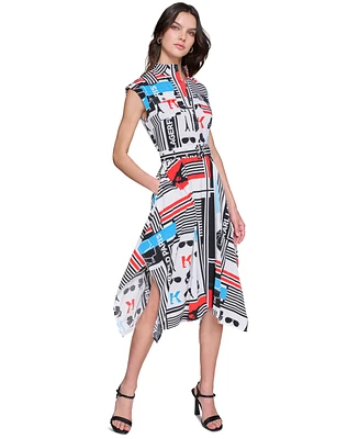 Karl Lagerfeld Paris Women's Printed Handkerchief-Hem Midi Dress