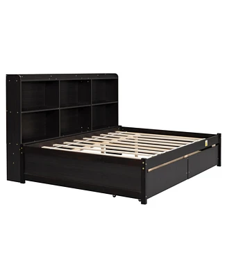Simplie Fun Full Bed With Side Bookcase, Drawers, Espresso