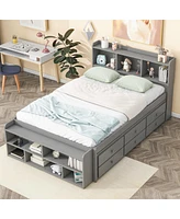 Full Bed With Bookcase Headboard, Under Bed Storage Drawers And Bed End Storage Case, Grey