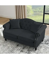 57" Black Velvet Chesterfield Sofa with Rolled Arms & Nailhead, 2 Seater