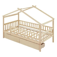Twin Size Wooden House Bed With Two Drawers
