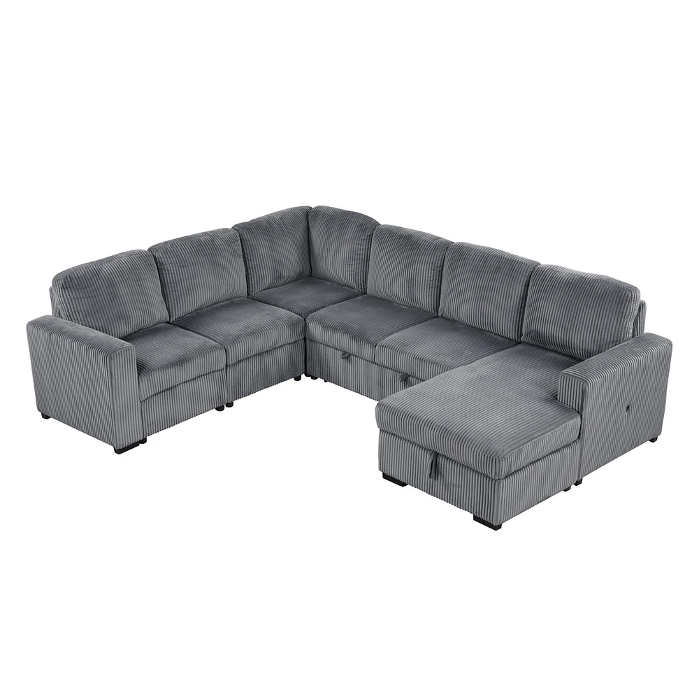 Simplie Fun 6-Seater U-Shaped Corduroy Sofa with Usb Interfaces