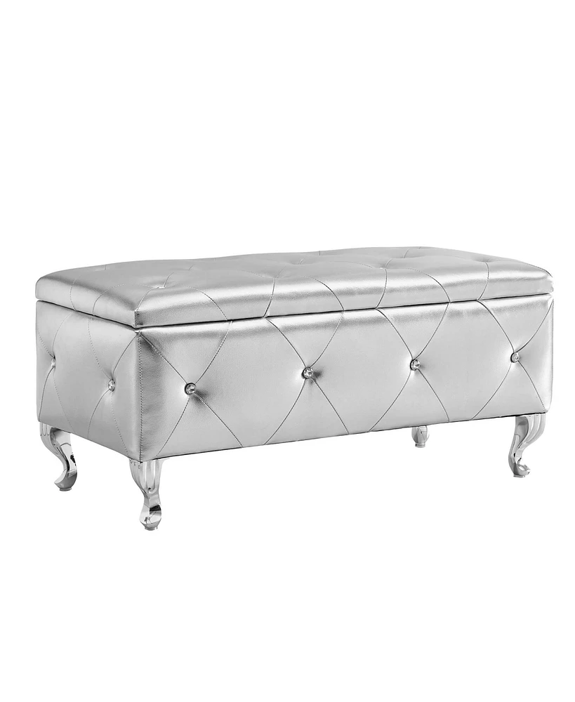 Simplie Fun Crystal Button Faux Leather Ottoman Bench - Silver