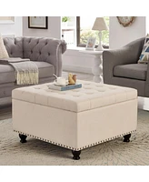 Streamdale Furniture Beige upholstered storage ottoman with wooden legs