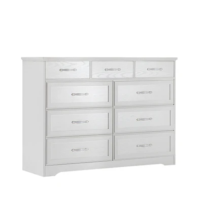 Simplie Fun 9-drawer white wood dresser, antique handles, 47.56"W x 15.75"D x 34.45"H