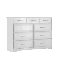 Simplie Fun 9-drawer white wood dresser, antique handles, 47.56"W x 15.75"D x 34.45"H