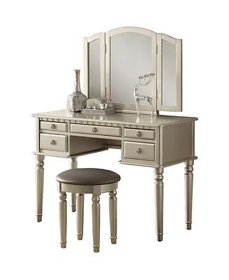 Simplie Fun Bedroom Contemporary Vanity Set W Foldable Mirror Stool Drawers Silver Color