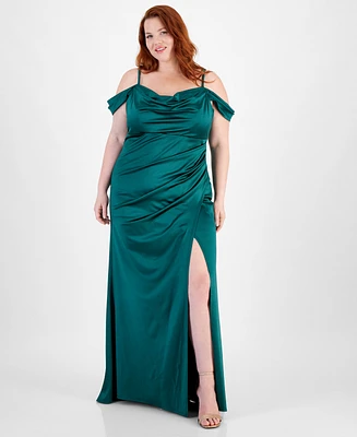 B Darlin Trendy Plus Off-The-Shoulder Satin Gown