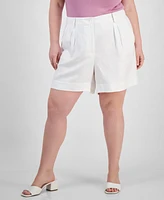 Trendy Plus Solid Linen-Blend Pleated Woven Shorts, Created for Macy's