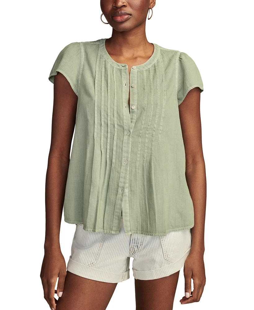 Lucky Brand Women's Cotton Pintuck-Pleated Flutter-Sleeve Blouse