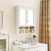 White Wood Wall Cabinet with Mirrored Doors & Storage Baskets