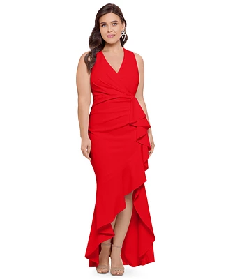 Betsy & Adam Plus Sleeveless Ruffled High-Low Gown