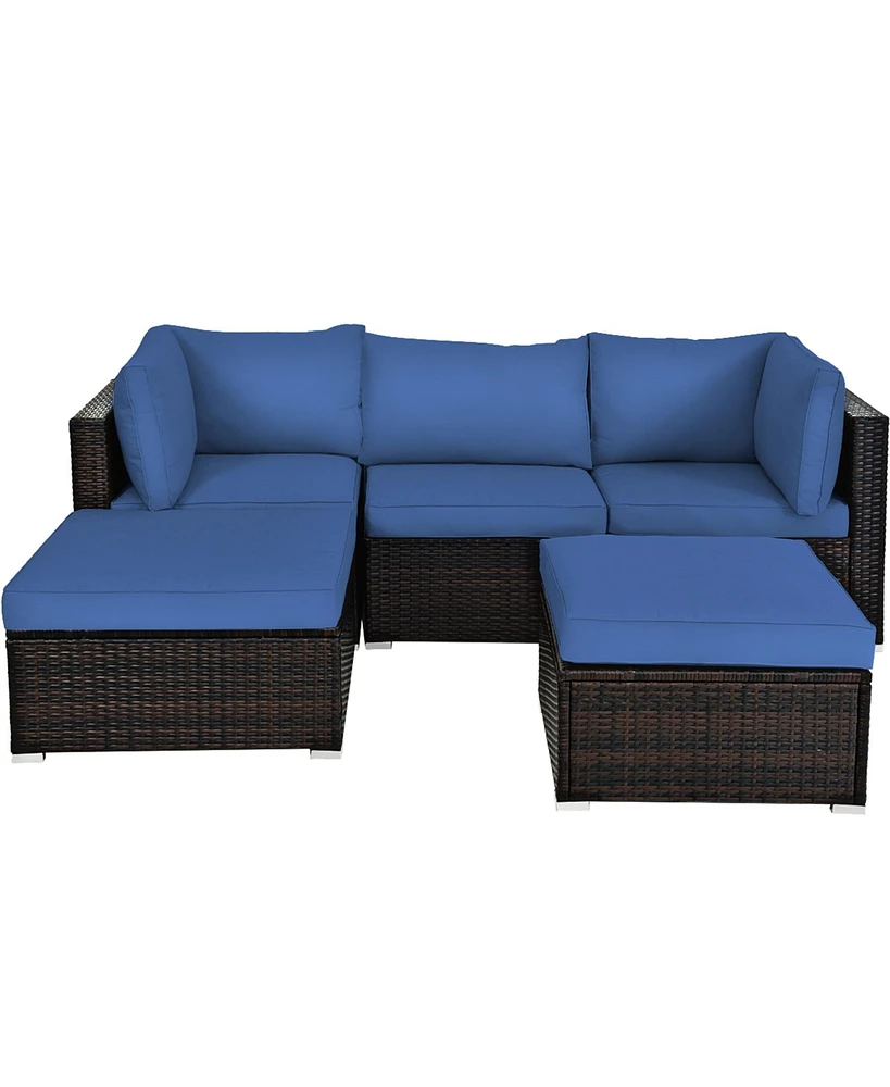 Gymax 5PCS Rattan Patio Conversation Set Outdoor Furniture Set w/ Ottoman Navy Cushion