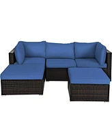 Gymax 5PCS Rattan Patio Conversation Set Outdoor Furniture Set w/ Ottoman Navy Cushion