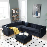 Modern Black Velvet Sectional Sofa with Ottoman
