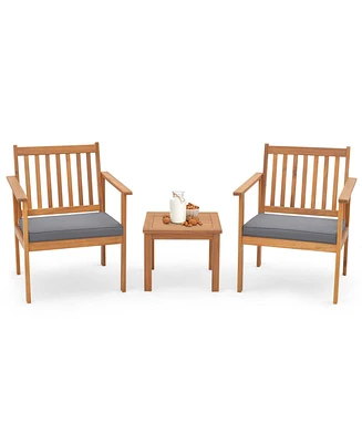 Costway 3 Pcs Patio Wood Furniture Set Acacia Chairs & Coffee Table with soft Cushions