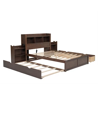 Simplie Fun Full Storage Platform Bed With Pull Out Shelves, Twin Trundle And 2 Drawers, Espresso