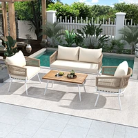 Boho Rope Patio Furniture Set, Acacia Wood Table, Navy