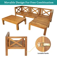5-Piece Wood Patio Sectional Set with Blue Cushions