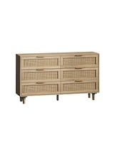 Streamdale Furniture 51.18" 6-Drawers Rattan Storage Cabinet Rattan Drawer, For Bedroom, Living Room, Natural