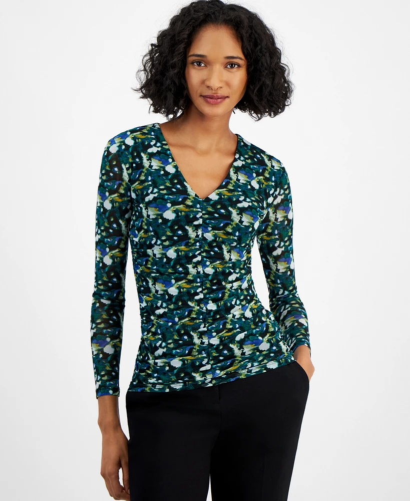 Bar Iii Women's Printed-Mesh Long-Sleeve V-Neck Top, Created for Macy's