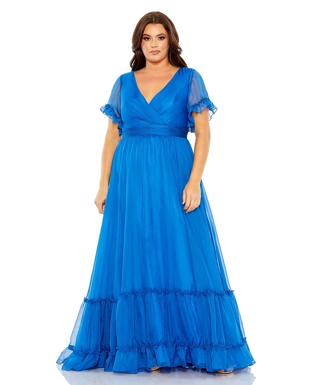 Mac Duggal Women's Plus Chiffon Faux Wrap Flutter Sleeve Tiered Gown |  MainPlace Mall