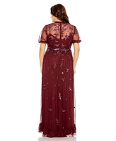 Mac Duggal Plus High Neck Puff Short Sleeve Embellished Faux Wrap Gown