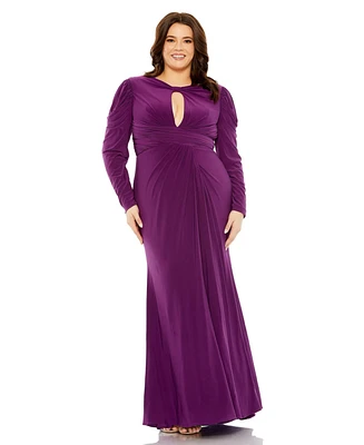 Mac Duggal Women's Plus Long Sleeve Keyhole Neck Jersey Gown