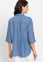 Olsen Women's Cotton Linen Shirt with Rolled Sleeve Tab Detail