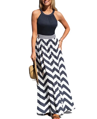 Cupshe Women's High Neck Navy Tank Chevron Skirt Maxi Beach Dress