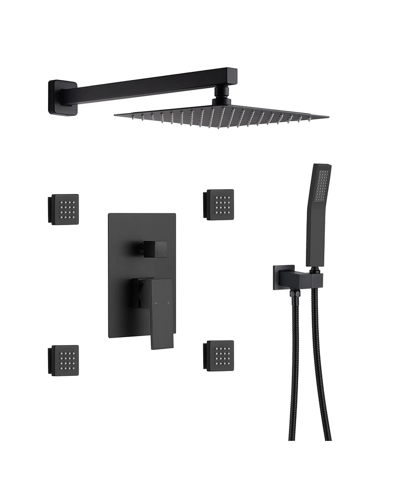 Mondawe High Pressure Wall Mounteded Pressure-Balanced 3 Functions Shower System with4 Body Jets and Rough-in Valve in Matte Black