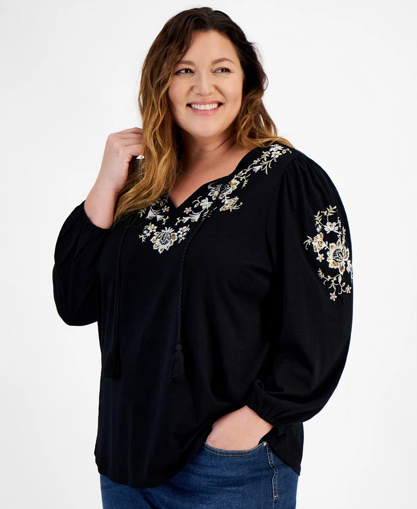 Style & Co Plus Embroidered Tie-Neck Knit Top, Created for Macy's