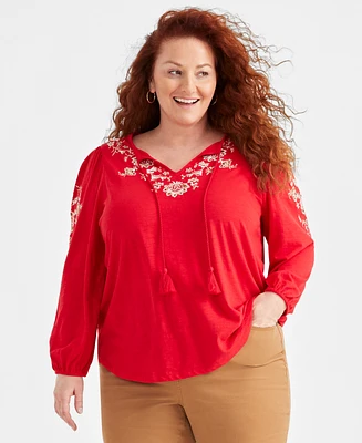 Style & Co Plus Size Embroidered Tie-Neck Knit Top, Created for Macy's