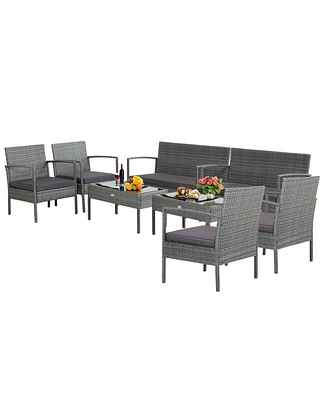 Gymax 8PCS Rattan Patio Furniture Set Outdoor Wicker Conversation Set w/ Cushions