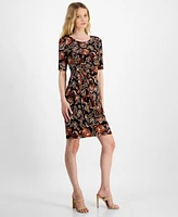 Connected Petite Printed Round-Neck Sheath Dress